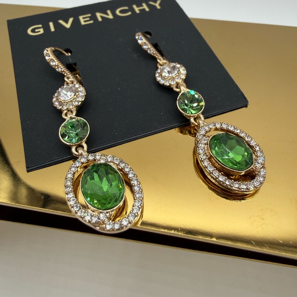 Givenchy Statement Drop Gold Tone With Green And Clear Crystals Earrings - Picture 9 of 15